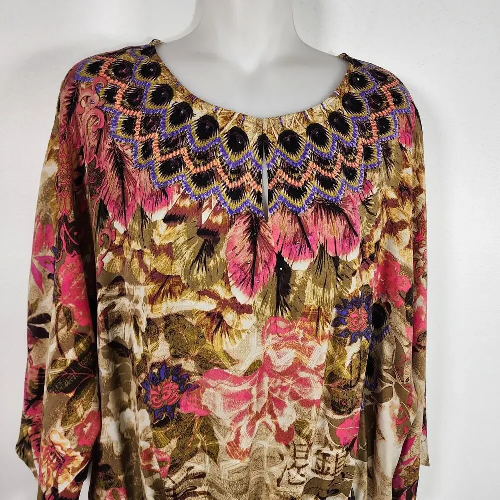 Chicos Peacock Floral Print Beaded Smocked Waist Blouse Size 3 US XL Artsy Boho